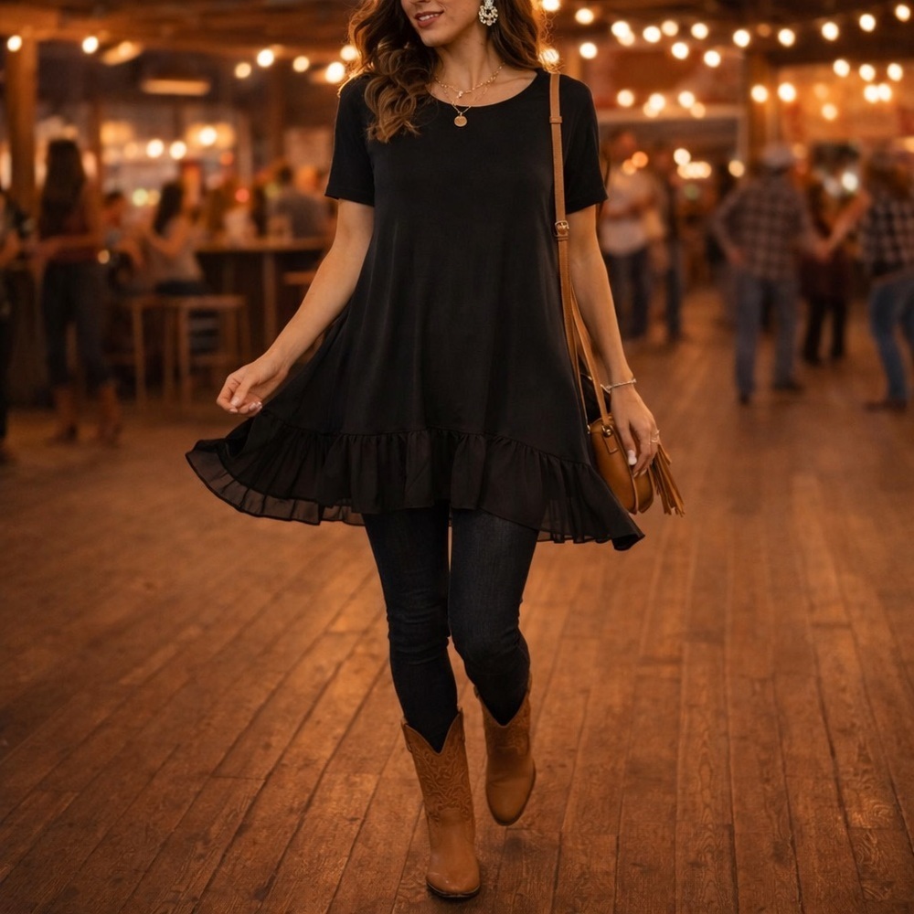 Agnes & Dora Black Ruffle Tunic Top Chiffon Hem Flowy Feminine Boutique Med NWT